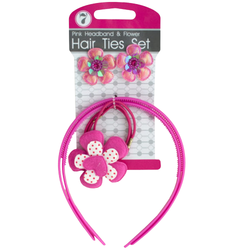7 Pink Headband & Flower with Hair Ties Set