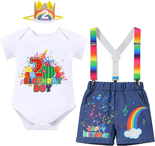 Coco-melon 2nd Birthday Outfit For Baby Boy Watermelon Romper/ T-skirt +Rainbow Denim Shorts +Colorful Suspenders +Crown Headband Cake Smash Photo Shoot
