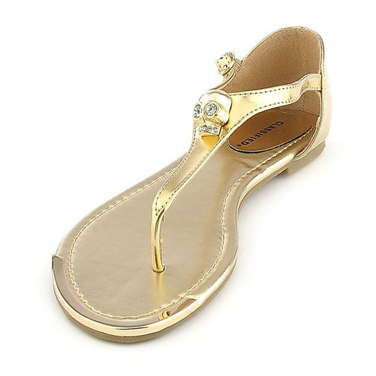 Metallic Gold Skull Detail Thong Sandals Women's Flat Shoes
